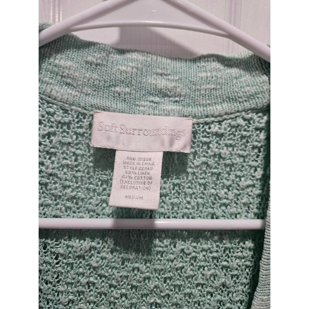 Soft Surroundings Pastel Green Teal Short Sleeve Cardigan Sweater Size M Crochet - Picture 2 of 12